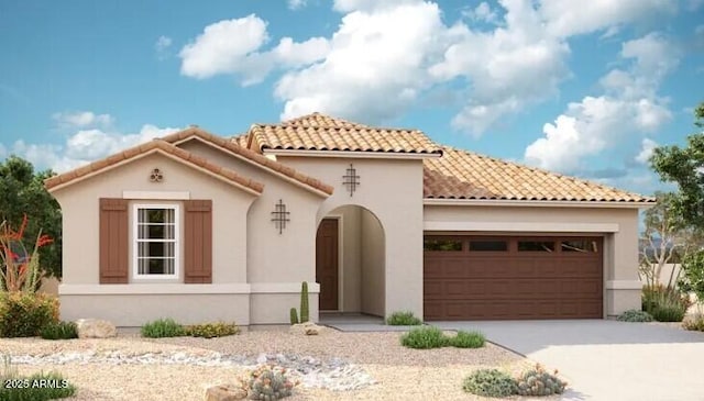 16515 W Avenida Del Sol, Surprise, AZ 85387 - mediterranean / spanish-style house with a garage, concrete driveway, stucco siding, and a tiled roof