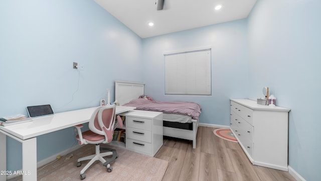 bedroom featuring baseboards, recessed lighting, and light wood-style floors