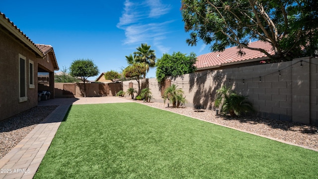 view of yard featuring a fenced backyard and a patio area