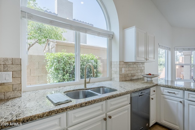 16254 N 48th Way, Scottsdale, AZ 85254 - kitchen featuring stainless steel dishwasher, white cabinetry, backsplash, and light stone countertops