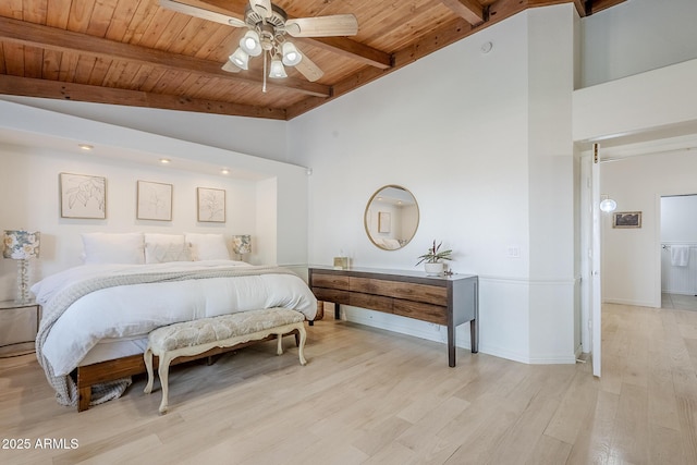 16254 N 48th Way, Scottsdale, AZ 85254 - bedroom with wood finished floors, a wood ceiling with exposed beams, recessed lighting, and high vaulted ceiling