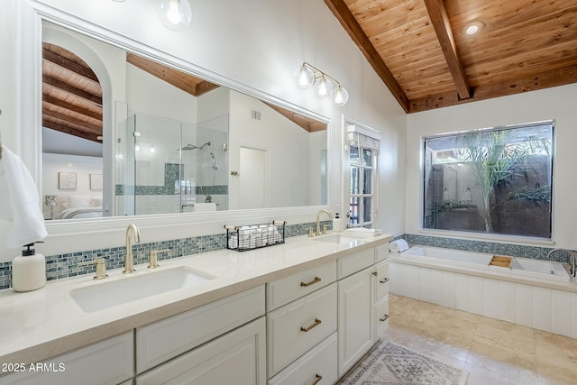 16254 N 48th Way, Scottsdale, AZ 85254 - bathroom featuring wooden ceiling, a stall shower, a garden tub, double vanity, and tile patterned floors
