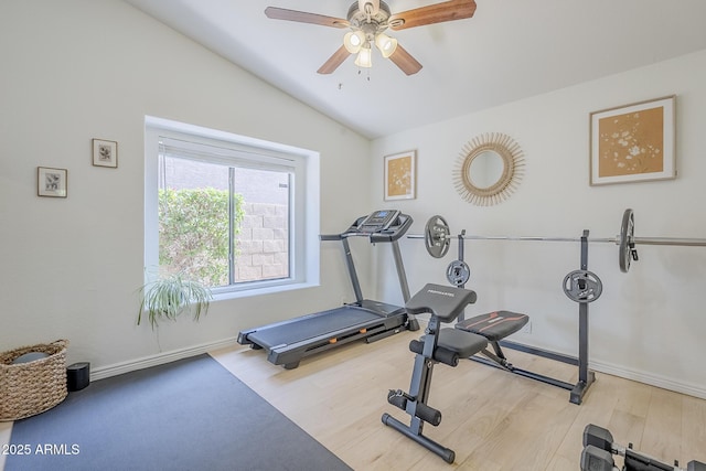 16254 N 48th Way, Scottsdale, AZ 85254 - exercise area with lofted ceiling, wood finished floors, and a ceiling fan