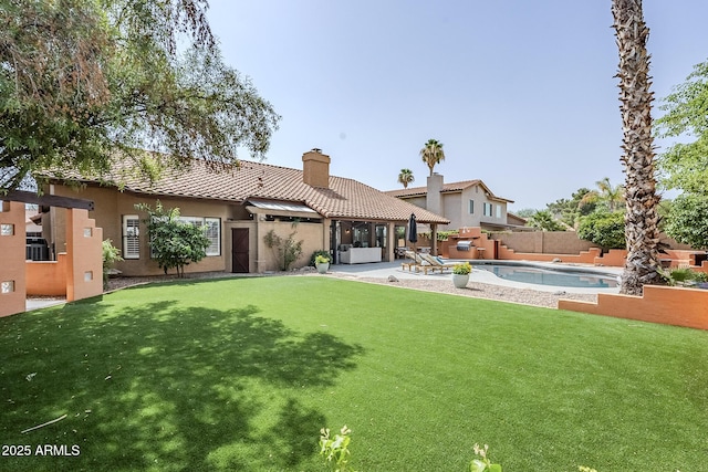 16254 N 48th Way, Scottsdale, AZ 85254 - rear view of property with a tile roof, a chimney, stucco siding, a fenced backyard, and a patio