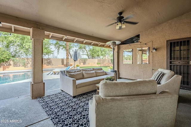 16254 N 48th Way, Scottsdale, AZ 85254 - fenced backyard featuring an outdoor living space, ceiling fan, and a patio area