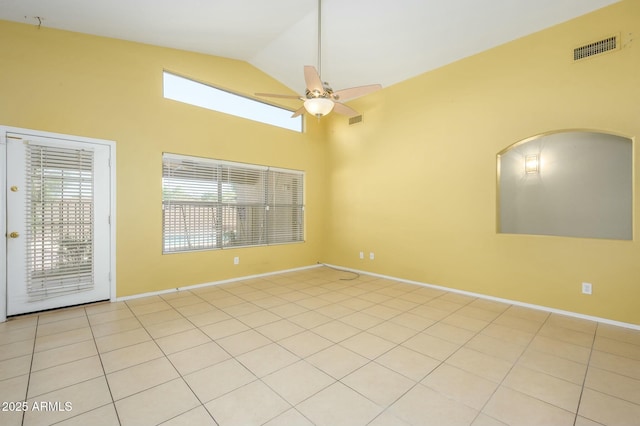 9446 E Olla Ave, Mesa, AZ 85212 - empty room featuring visible vents, ceiling fan, high vaulted ceiling, and baseboards