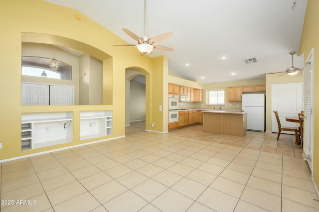 9446 E Olla Ave, Mesa, AZ 85212 - kitchen with ceiling fan, white appliances, and vaulted ceiling