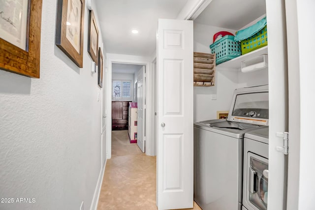 washroom with independent washer and dryer, laundry area, recessed lighting, baseboards, and light tile patterned floors