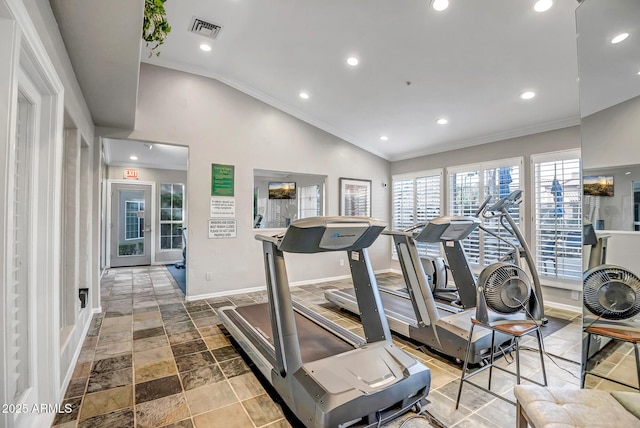 workout area featuring visible vents, ornamental molding, lofted ceiling, baseboards, and recessed lighting