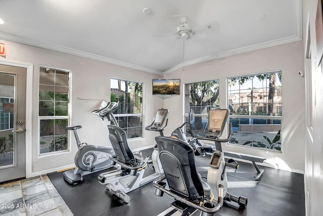 exercise area with crown molding, baseboards, and ceiling fan