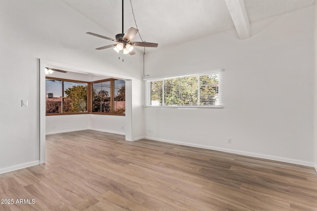 empty room featuring lofted ceiling with beams, a textured ceiling, ceiling fan, and light hardwood / wood-style flooring