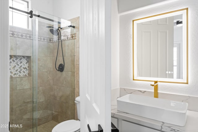 2722 W Hiddenview Dr, Phoenix, AZ 85045 - bathroom featuring a stall shower, toilet, and vanity