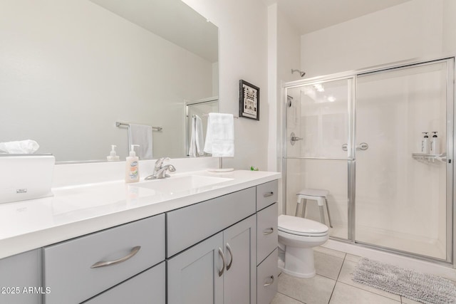 full bathroom featuring vanity, toilet, a shower stall, and tile patterned flooring