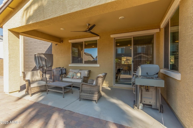 view of patio with a grill, an outdoor hangout area, and a ceiling fan