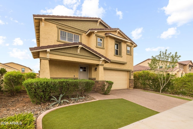 view of front of home with decorative driveway, stucco siding, a garage, and stone siding