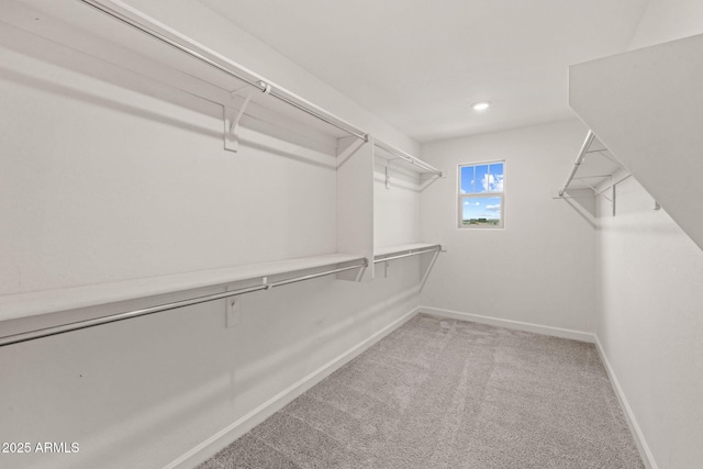 walk in closet with light carpet