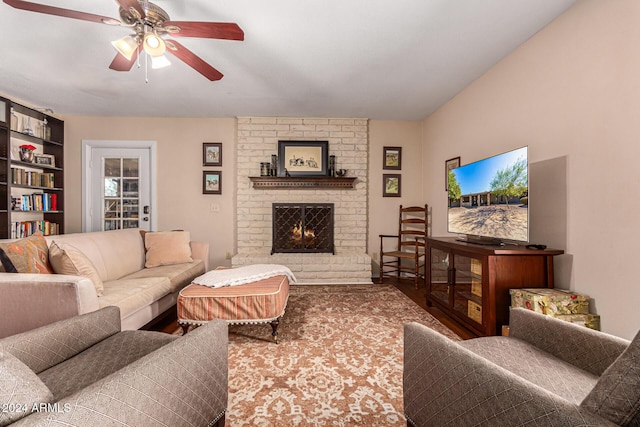 12423 N 64th St, Scottsdale, AZ 85254 - living room with wood finished floors, ceiling fan, and a brick fireplace