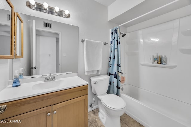 bathroom featuring vanity, visible vents, shower / bath combo, tile patterned flooring, and toilet