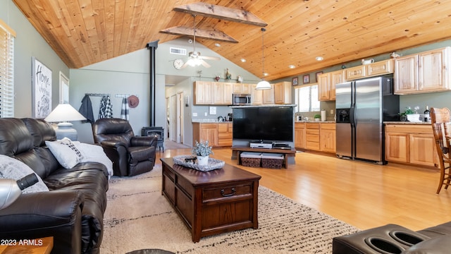 living room with light wood-type flooring, ceiling fan, wooden ceiling, beamed ceiling, and high vaulted ceiling