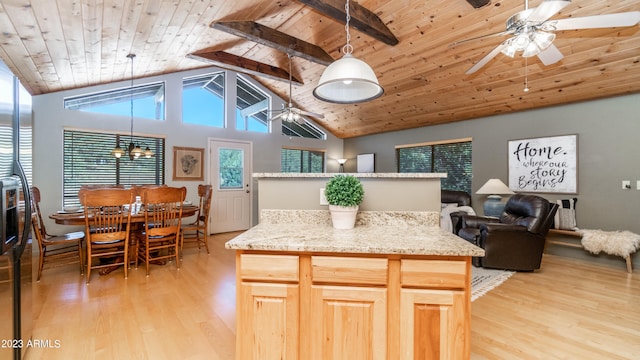 kitchen with wooden ceiling, light hardwood / wood-style flooring, a healthy amount of sunlight, and light brown cabinets