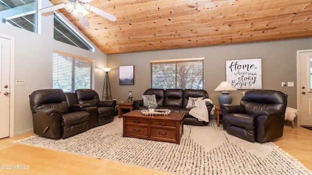 living room with ceiling fan, wooden ceiling, lofted ceiling, and light wood-type flooring