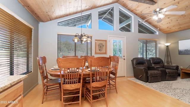 dining room featuring light hardwood / wood-style flooring, lofted ceiling, ceiling fan with notable chandelier, and wood ceiling