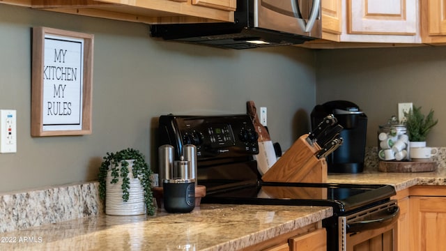 kitchen with light brown cabinetry and electric range