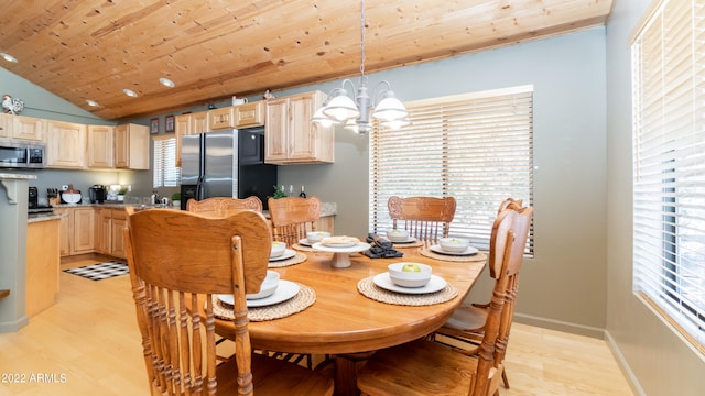 dining space with a notable chandelier, vaulted ceiling, wood ceiling, and light wood-type flooring