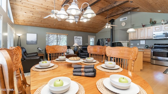 dining area with ceiling fan with notable chandelier, wood ceiling, beamed ceiling, high vaulted ceiling, and light hardwood / wood-style flooring