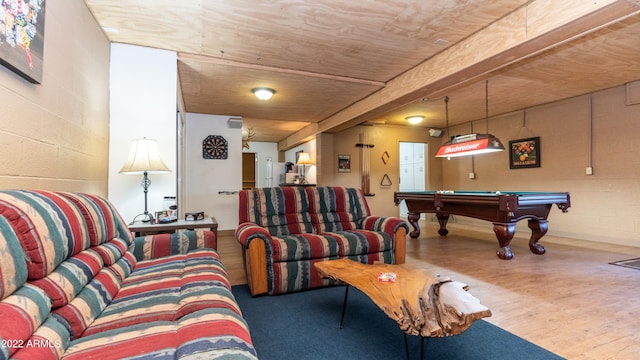 rec room with beamed ceiling, hardwood / wood-style flooring, and billiards