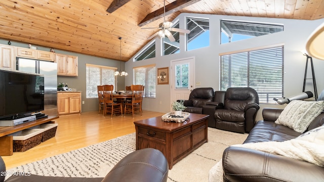 living room featuring ceiling fan with notable chandelier, wood ceiling, beam ceiling, high vaulted ceiling, and light hardwood / wood-style flooring