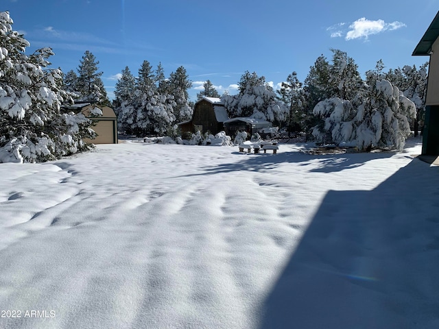 yard covered in snow featuring a garage and an outdoor structure