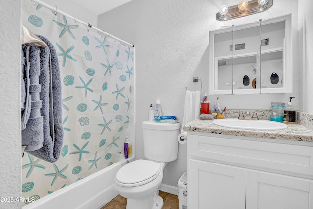 3027 E Grandview Rd Unit 1, Phoenix, AZ 85032 - full bath featuring vanity, a textured wall, tile patterned floors, and shower / bathtub combination with curtain