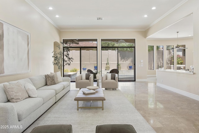 living room featuring crown molding, baseboards, recessed lighting, and visible vents