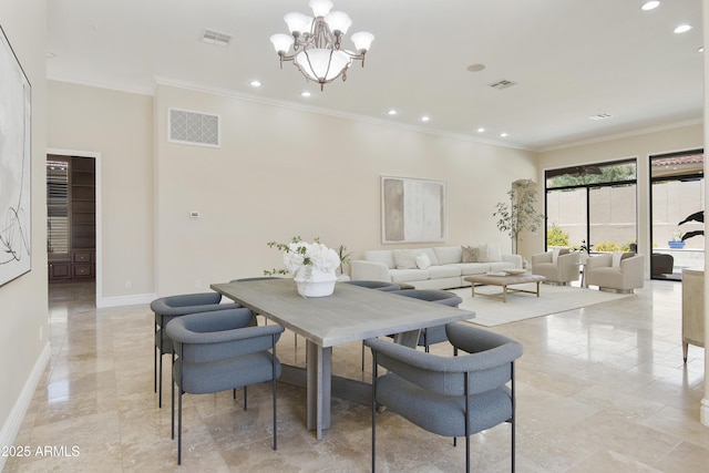dining space featuring recessed lighting, baseboards, visible vents, and an inviting chandelier