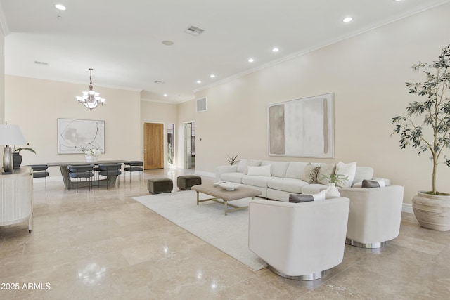 living room featuring visible vents, ornamental molding, marble finish floor, an inviting chandelier, and recessed lighting