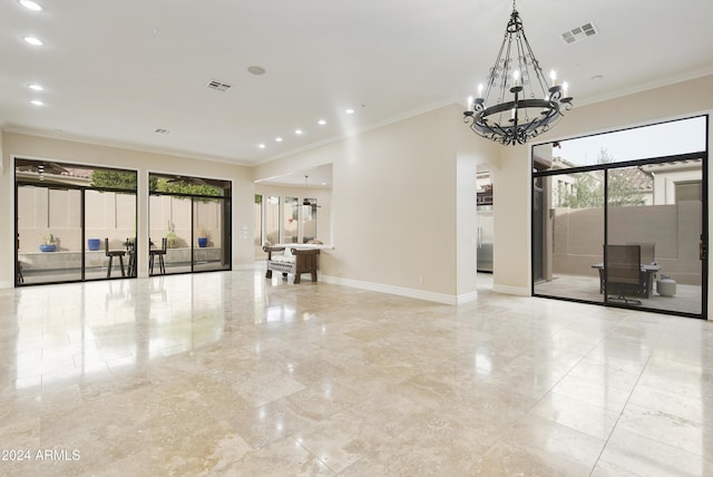 empty room with an inviting chandelier and ornamental molding