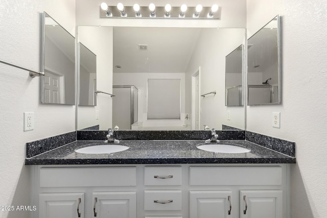 bathroom with walk in shower and vanity