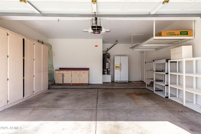 garage with a garage door opener, gas water heater, and white fridge with ice dispenser