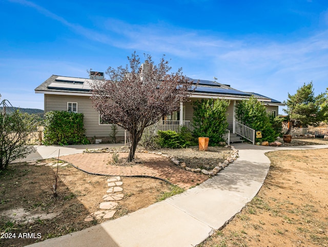 view of property hidden behind natural elements featuring solar panels and a porch