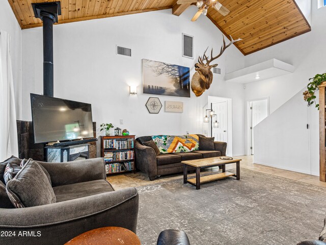 living room featuring ceiling fan, a wood stove, high vaulted ceiling, and wooden ceiling