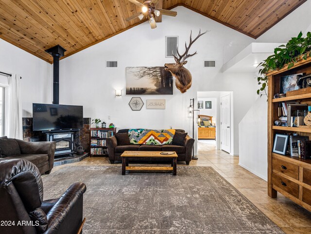 living room with wood ceiling, ceiling fan, a wood stove, and high vaulted ceiling