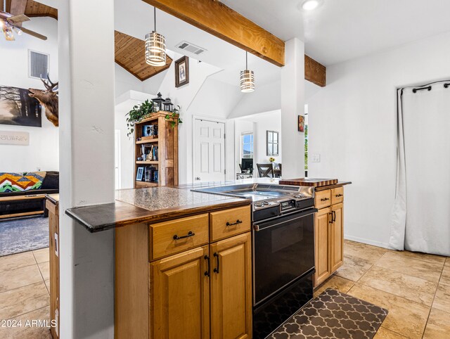 kitchen featuring lofted ceiling with beams, black range, light tile patterned floors, decorative light fixtures, and ceiling fan