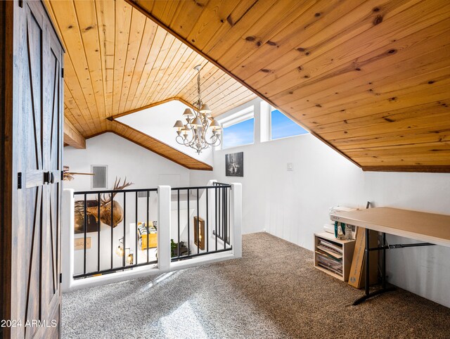 additional living space with wood ceiling, lofted ceiling, carpet flooring, and a notable chandelier