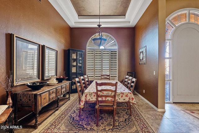 dining area featuring plenty of natural light and a tray ceiling