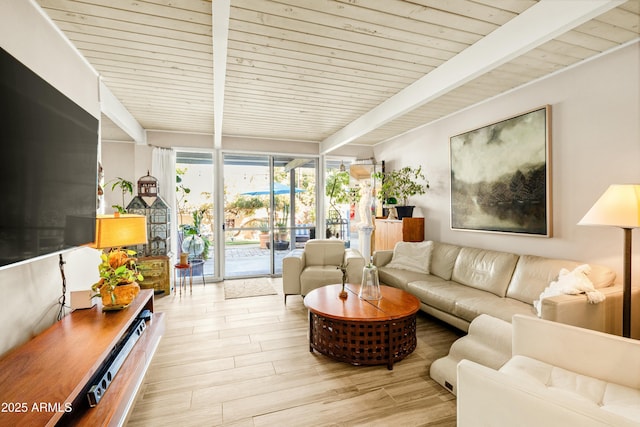 living room with beamed ceiling, expansive windows, wood ceiling, and wood finished floors