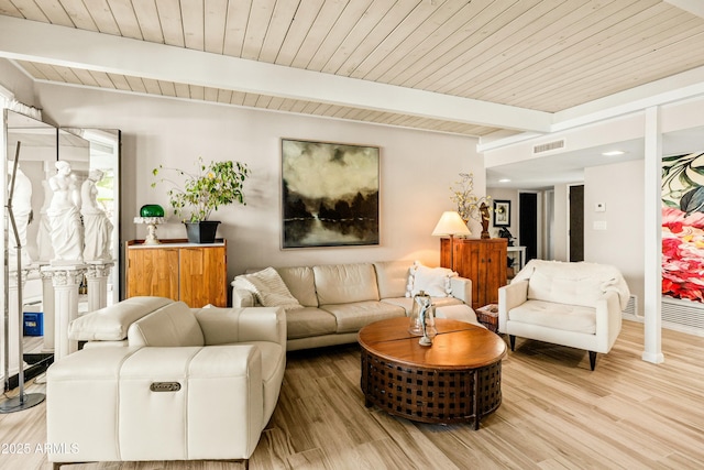 living area with visible vents, beamed ceiling, wooden ceiling, and light wood-style flooring