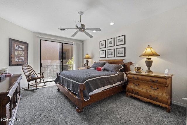 carpeted bedroom with ceiling fan and access to exterior