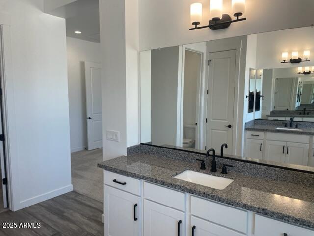 bathroom featuring toilet, vanity, baseboards, and wood finished floors