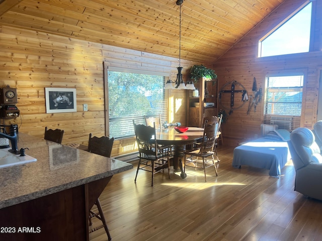 dining area featuring lofted ceiling, wood ceiling, dark wood-type flooring, a notable chandelier, and wood walls